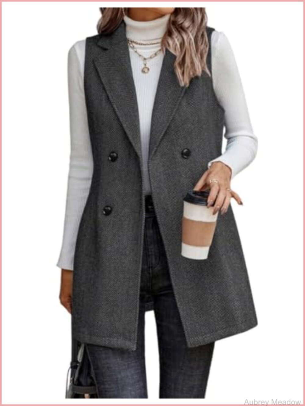 Sleeveless Tweed Blazer Vest Longline Wool Blend Herringbone Business Casual